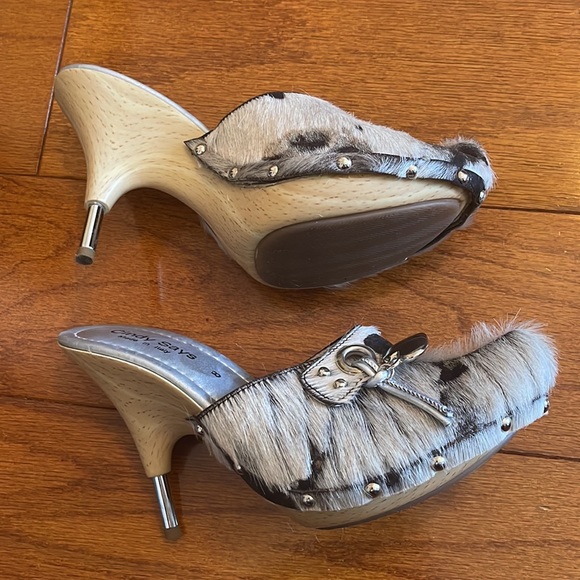 Italian sandals wood heels pomps 6 Cindy Says goat hair, unique decoration metal - Picture 8 of 12